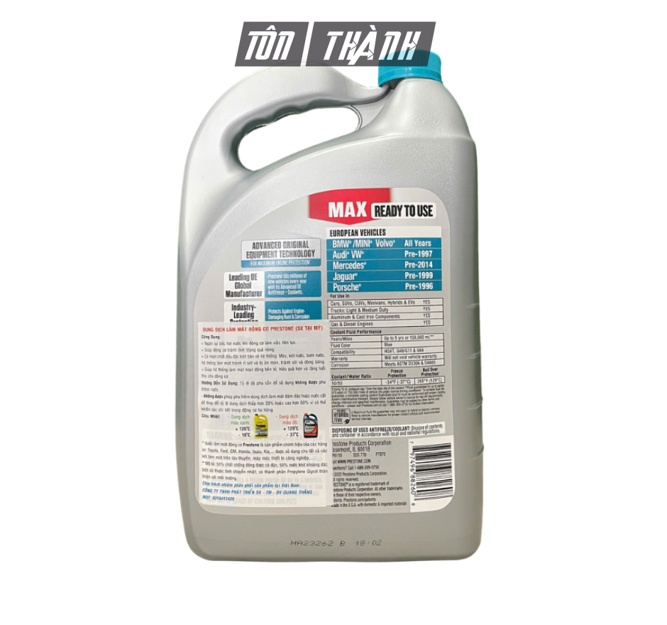 Nước Làm Mát Động Cơ Prestone MAX màu XANH LAM dành cho xe Châu Âu (3.78 lít)
