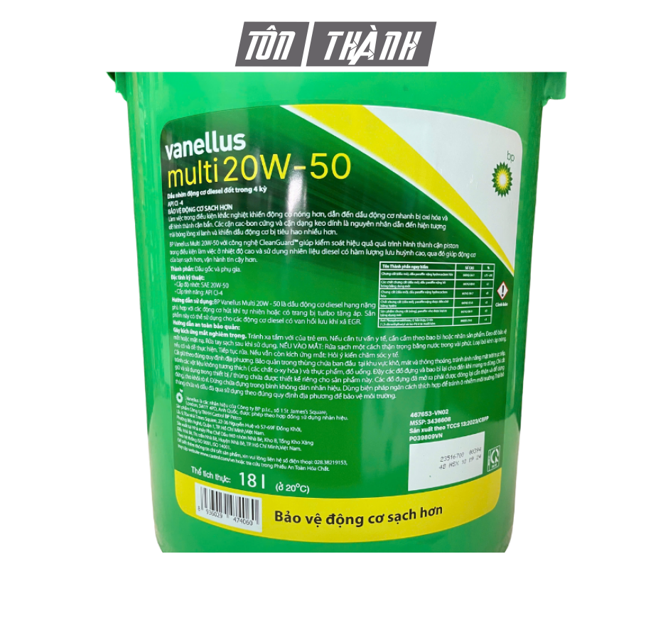 DẦU NHỚT ĐỘNG CƠ BP VANELLUS MULTI 20W50 CI-4 (18 LÍT)