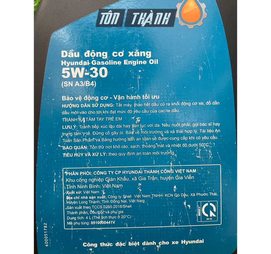 DẦU NHỚT ĐỘNG CƠ XĂNG HUYNDAI 5W-30 (4 LÍT)