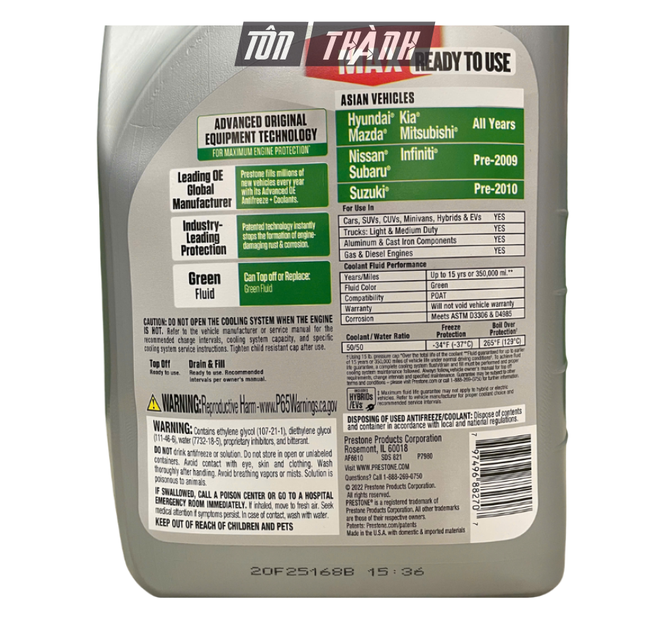 Nước Làm Mát Động Cơ Prestone MAX màu XANH LÁ dành cho xe Châu Á (3.78 lít)