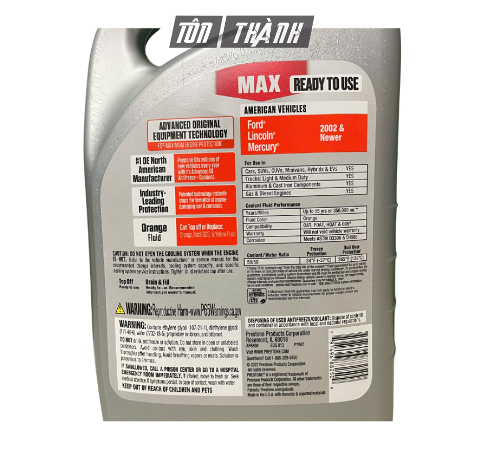 NƯỚC LÀM MÁT XE Ô TÔ MÀU CAM PRESTONE 50/50 (3.78 LÍT)