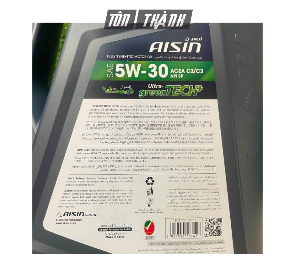 Dầu động cơ AISIN greenTECH+ Fully Synthetic 5W-30 SP (6 Lít)