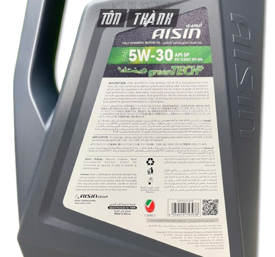 Dầu động cơ AISIN greenTECH+ Fully Synthetic 5W-30 SP (4 Lít)