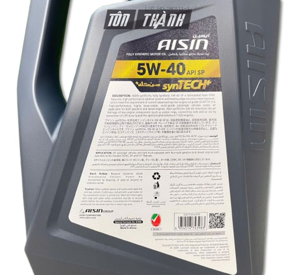 Dầu động cơ AISIN synTECH+ Fully Synthetic 5W-40 SP (4 Lít)