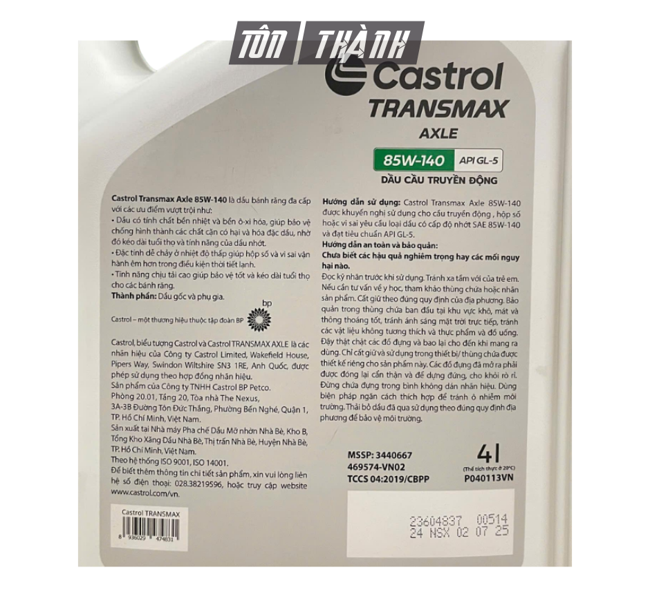 DẦU CẦU TRUYỀN ĐỘNG CASTROL TRANSMAX AXLE 85W-140 (4 LÍT)