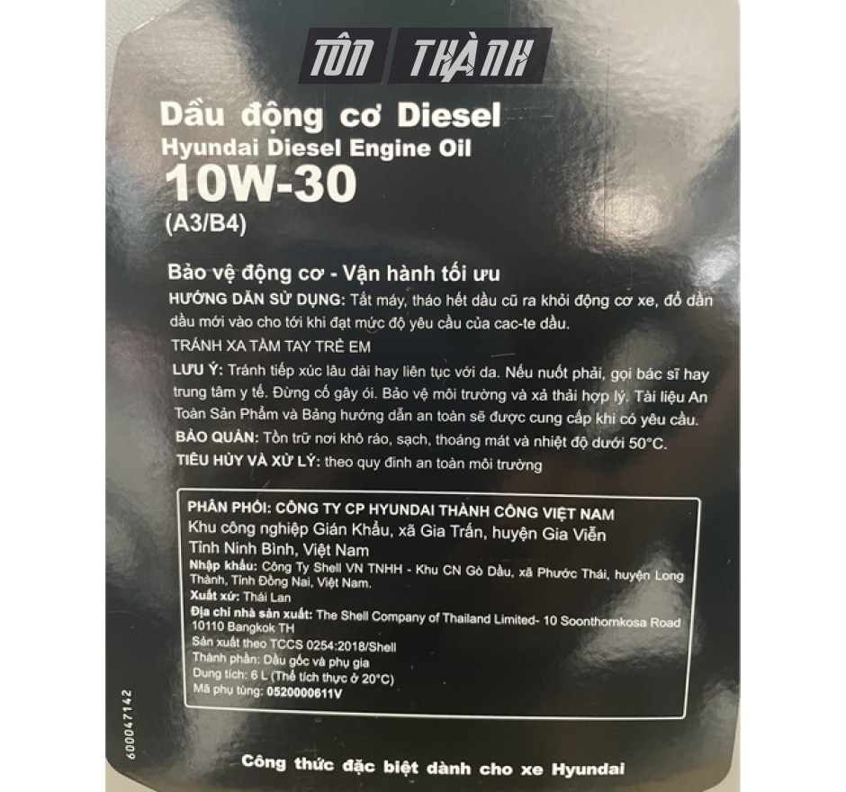 DẦU NHỚT ĐỘNG CƠ DIESEL HUYNDAI 10W-30 - A3/B4 (6LÍT)