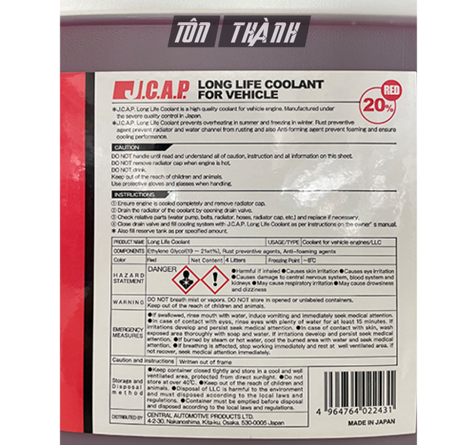 NƯỚC GIẢI NHIỆT LÀM MÁT ĐỘNG CƠ J.C.A.P XE Ô TÔ DU LỊCH ĐỎ (4 LÍT)