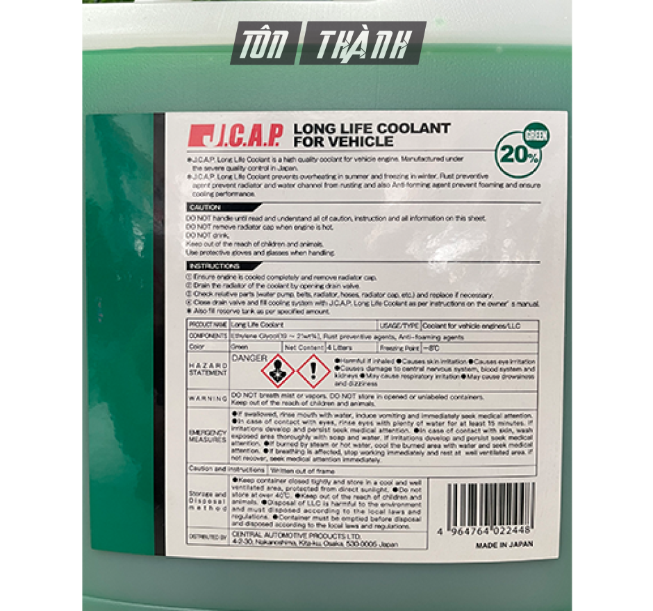 NƯỚC GIẢI NHIỆT LÀM MÁT ĐỘNG CƠ J.C.A.P XE Ô TÔ DU LỊCH XANH (4 LÍT)