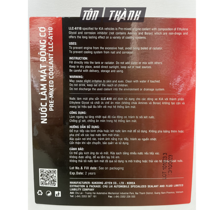 NƯỚC LÀM MÁT ĐỘNG CƠ Ô TÔ THACO MÀU ĐỎ MÃ: LLC-A110 (5 LÍT)