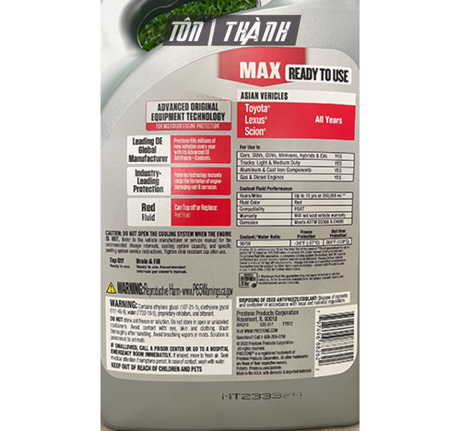 Nước làm mát động cơ Prestone MAX màu đỏ chuyên dụng cho xe Châu Á (3.78 lít)