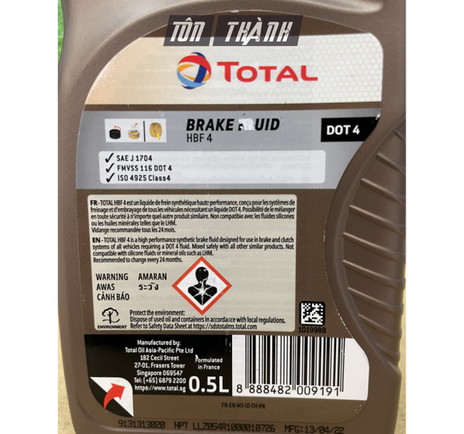 DẦU PHANH CAO CẤP TỔNG HỢP TOTAL HBF4 DOT 4 (500ML)